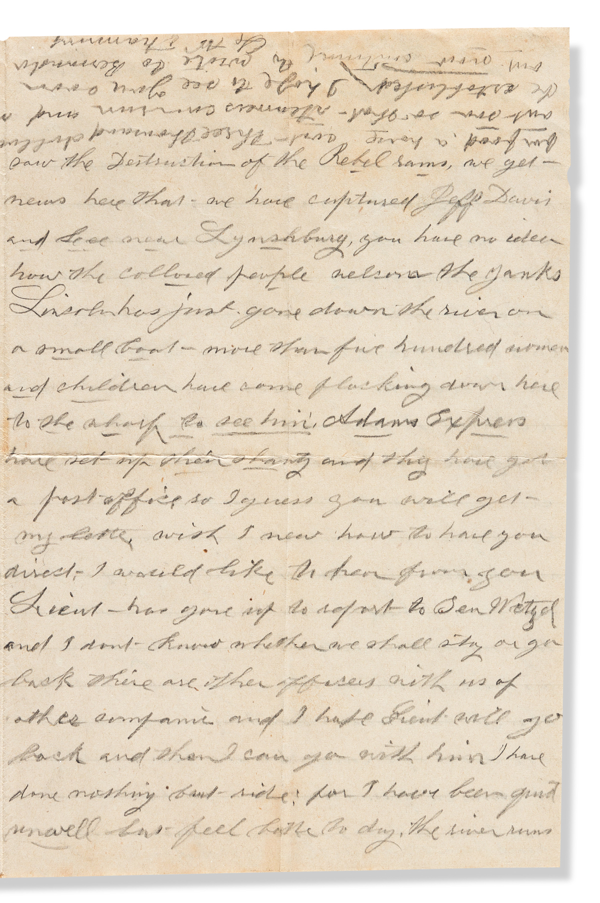 (CIVIL WAR.) L.W. Manning. Letter describing Lincolns carriage arriving in newly occupied Richmond.